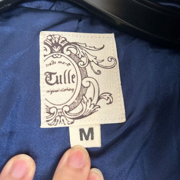 Tulle Anthropologie Wool Brown Faux Fur Trim Hood Long Blue Coat Size Medium - Picture 9 of 12